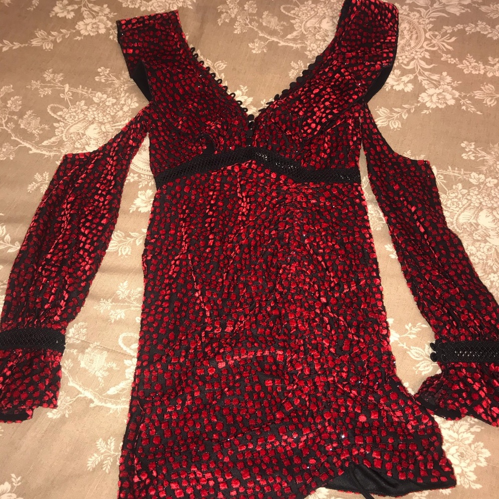 Self Portrait Red velvet on Black mini dress